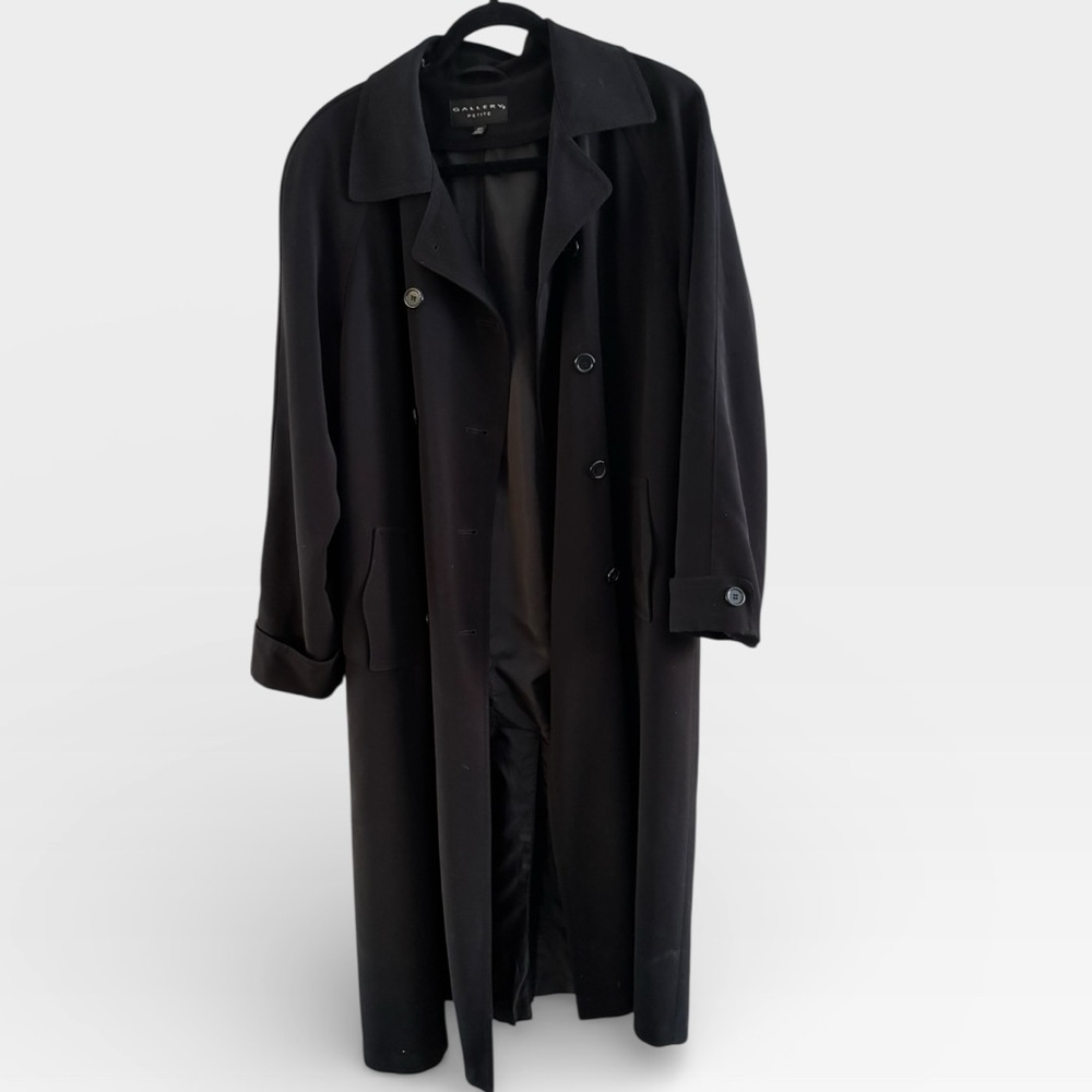Vintage Gallery Long Black Classic Double Breasted Capsule Trench Coat Size 16P - Picture 9 of 11